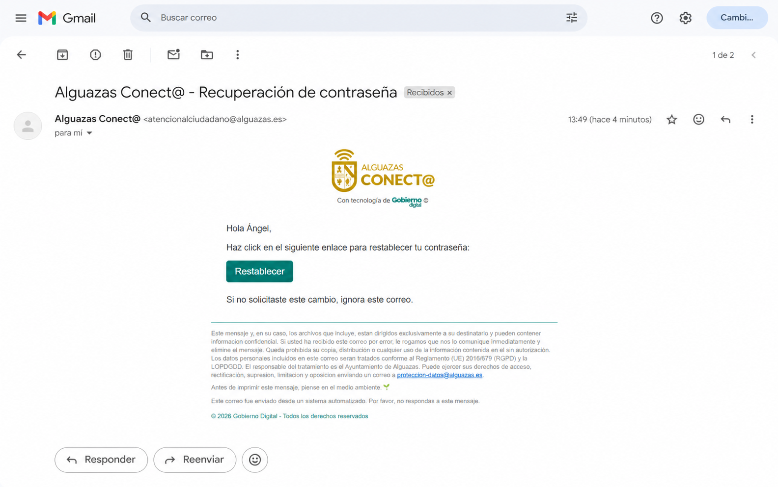 Correo de Alguazas Conect@ con el botón Restablecer para recuperar la contraseña