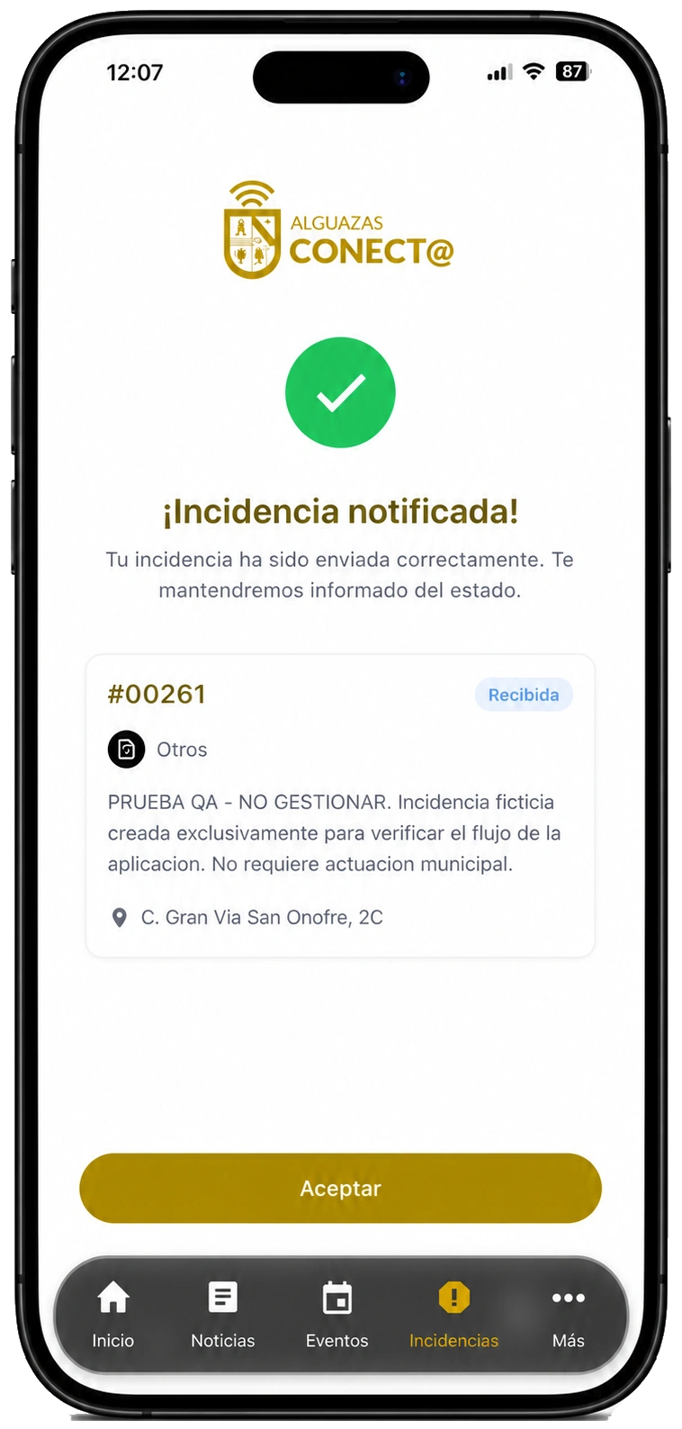 Confirmación de la incidencia 00261