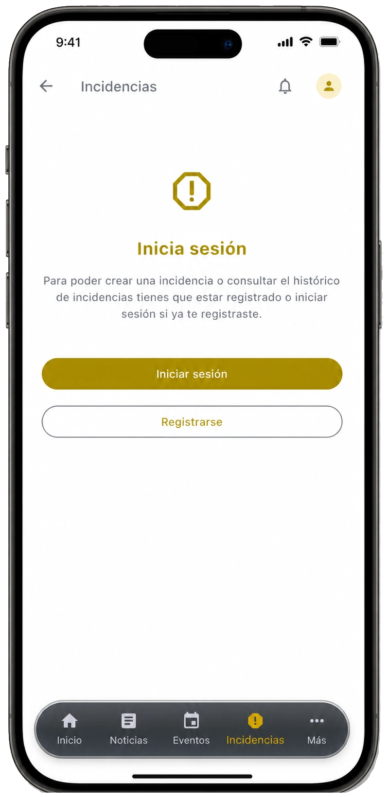 Pantalla de incidencias que solicita iniciar sesión o registrarse