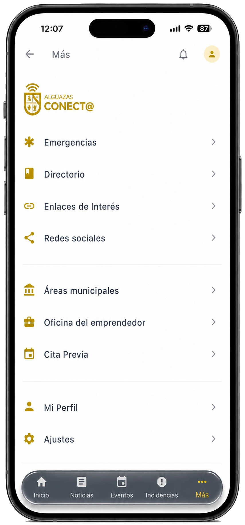 Menú Más con accesos a Emergencias, Directorio y servicios municipales