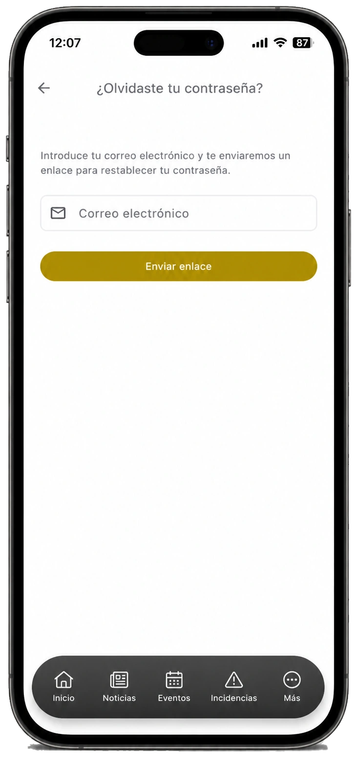 Pantalla completa para solicitar el enlace de recuperación de contraseña