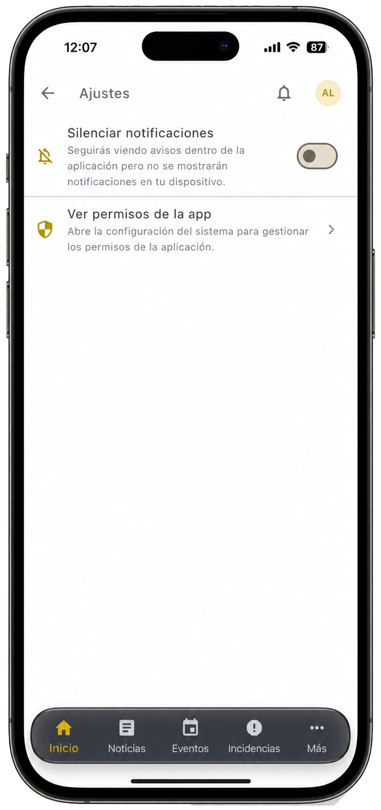 Opción para silenciar las notificaciones del dispositivo