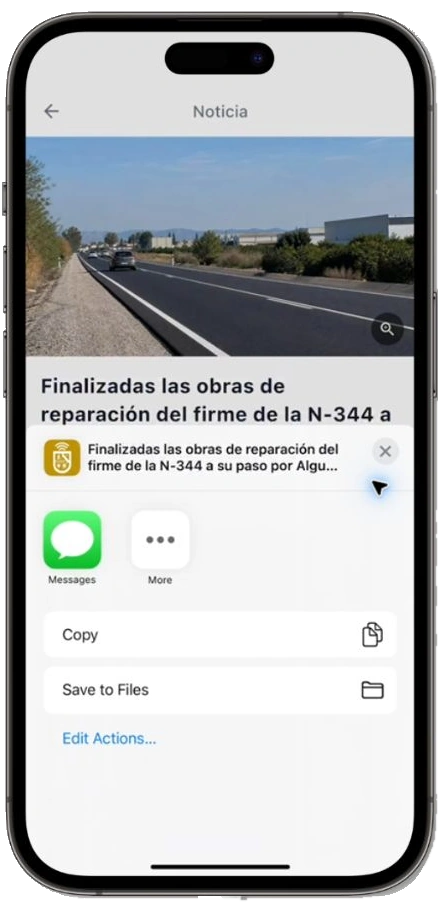 Hoja de compartir de iOS abierta desde una noticia