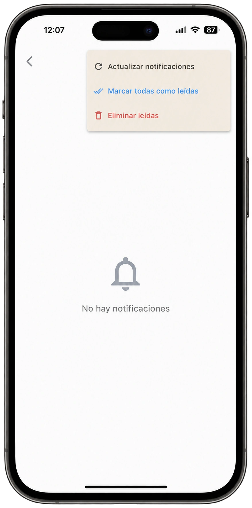 Menú para actualizar y gestionar notificaciones