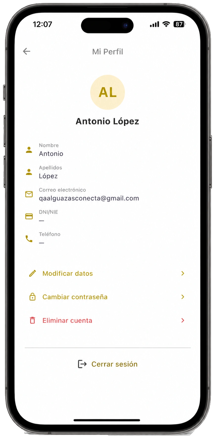 Perfil de usuario con la sesión iniciada